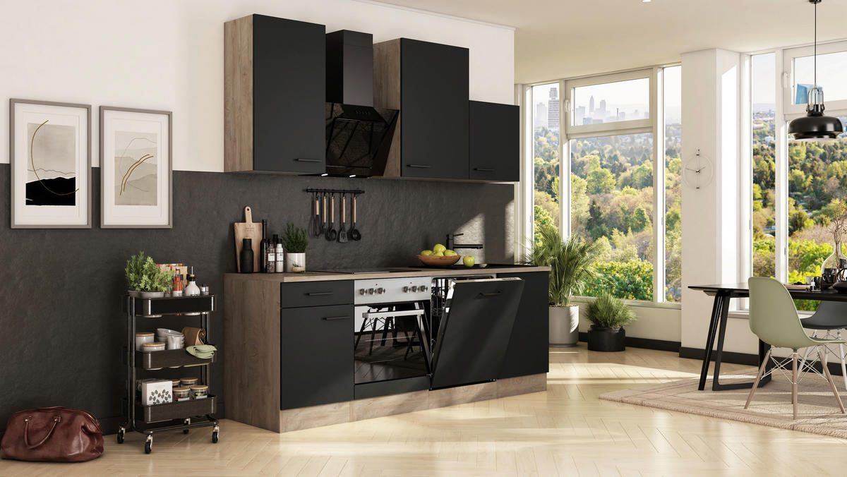 KÜCHENBLOCK 220 cm   in Schwarz, Eichefarben  - Eichefarben/Schwarz, Basics, Holzwerkstoff/Metall (220cm) - FlexWell
