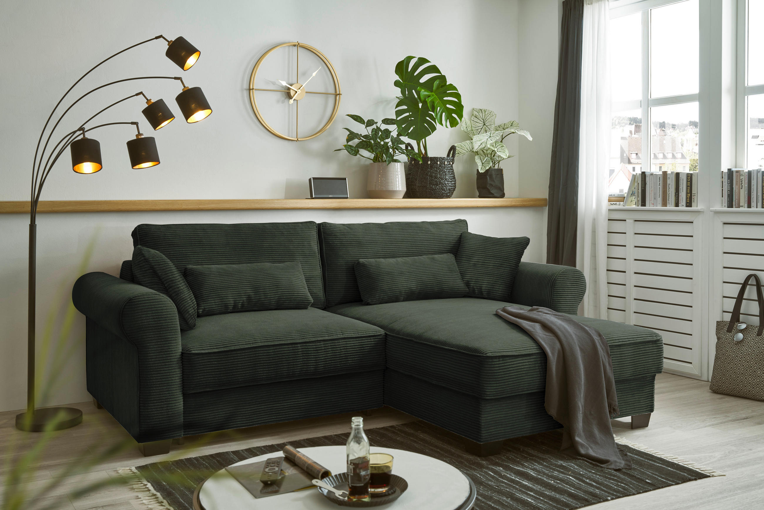 ECKSOFA in Cord Dunkelgrün  - Dunkelgrün/Schwarz, Basics, Kunststoff/Textil (255/92/185cm) - MID.YOU