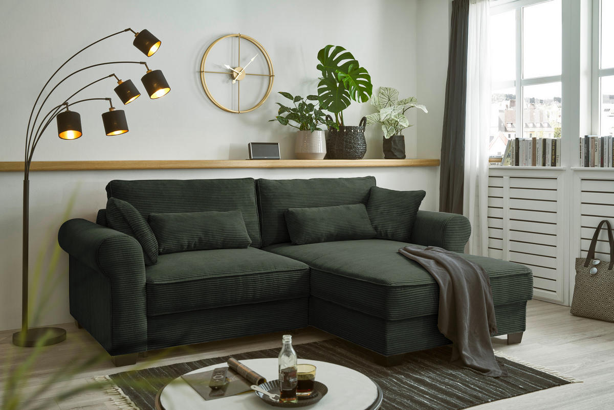ECKSOFA in Cord Dunkelgrün  - Dunkelgrün/Schwarz, Basics, Kunststoff/Textil (255/92/185cm) - MID.YOU