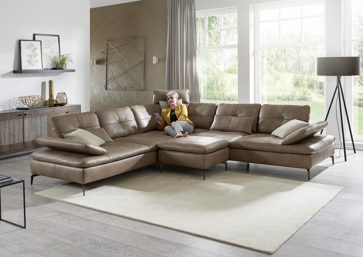 ECKSOFA Sandfarben Echtleder  - Sandfarben/Bronzefarben, Design, Leder/Metall (298/298cm) - Chilliano