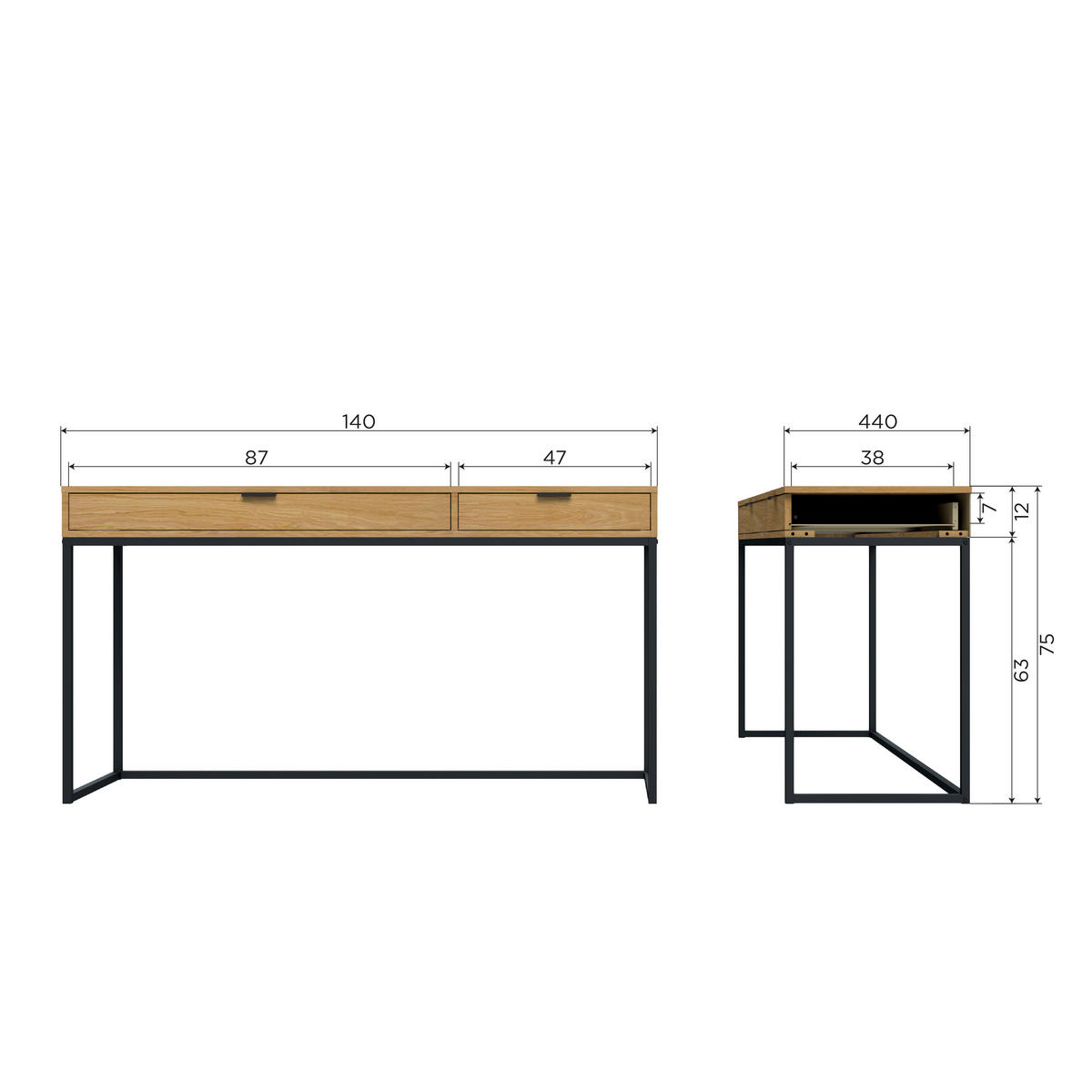 SCHREIBTISCH 140/44/75 cm  in Eichefarben  - Eichefarben/Schwarz, Design, Holz/Metall (140/44/75cm) - Livetastic