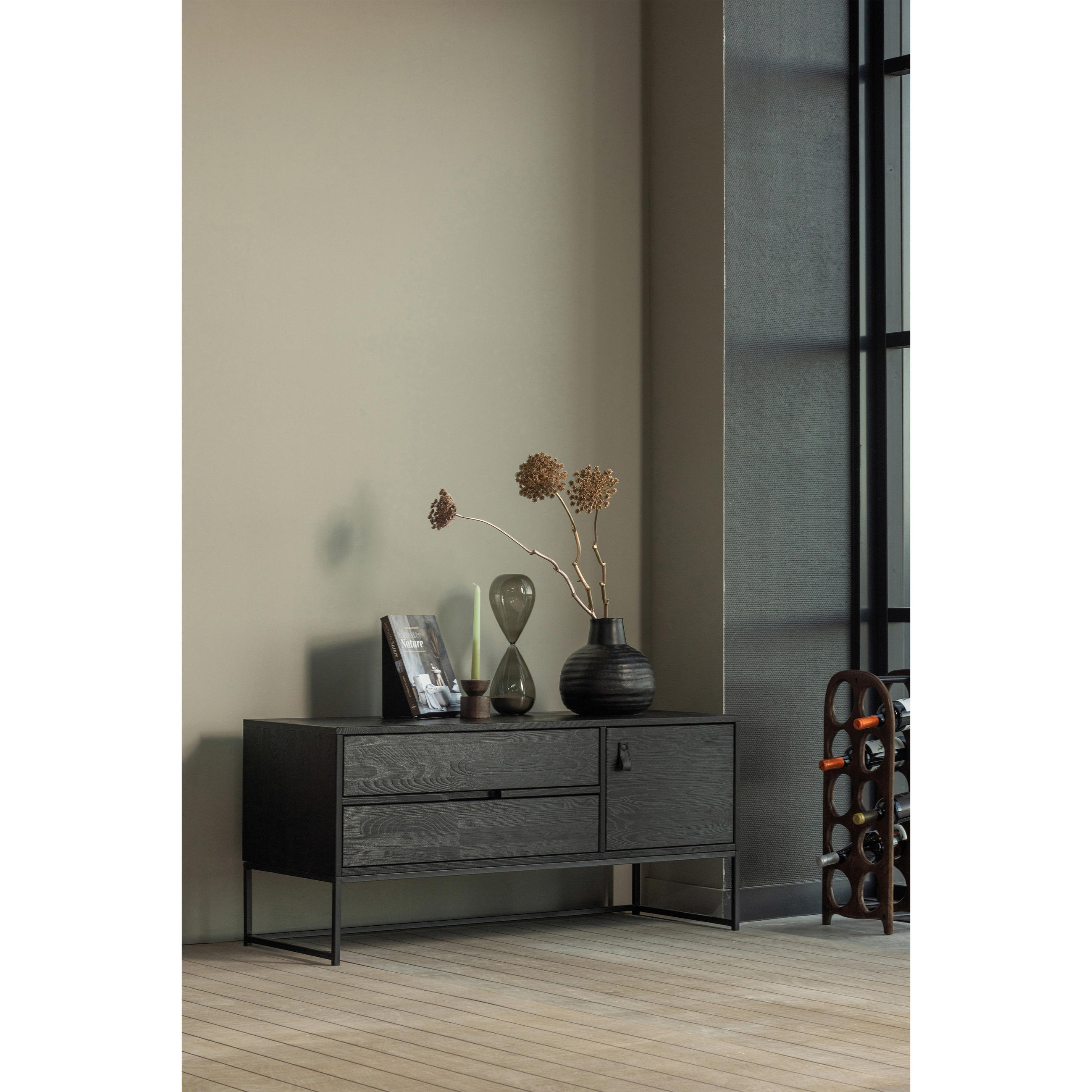LOWBOARD Silas  in 120/55/44 cm  - Schwarz, Design, Leder/Holz (120/55/44cm) - Livetastic