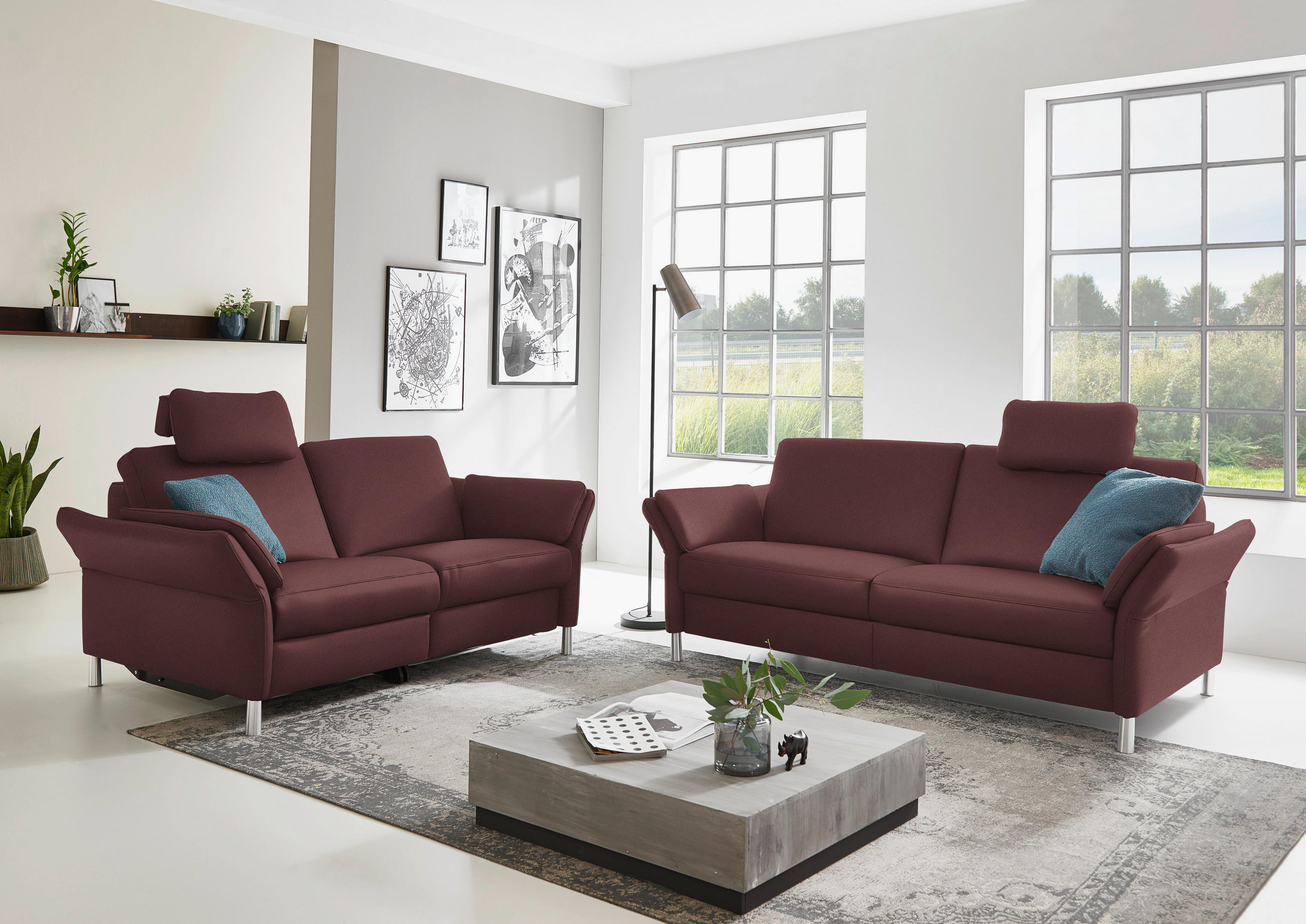 2,5-SITZER in Echtleder Weinrot  - Weinrot/Alufarben, Design, Leder/Metall (164cm) - Dieter Knoll
