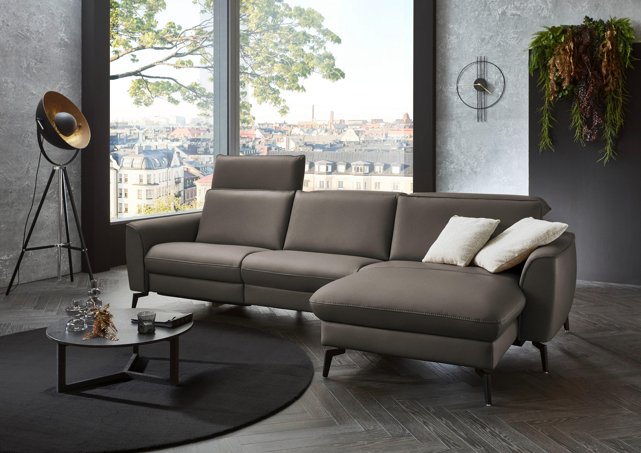 ECKSOFA in Echtleder Grau  - Schwarz/Grau, Natur, Leder/Metall (281/168cm) - Valdera