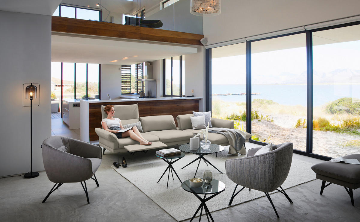 ECKSOFA in Echtleder Ecru  308/173 cm  - Ecru/Anthrazit, Design, Leder/Metall (308/173cm) - Joop!