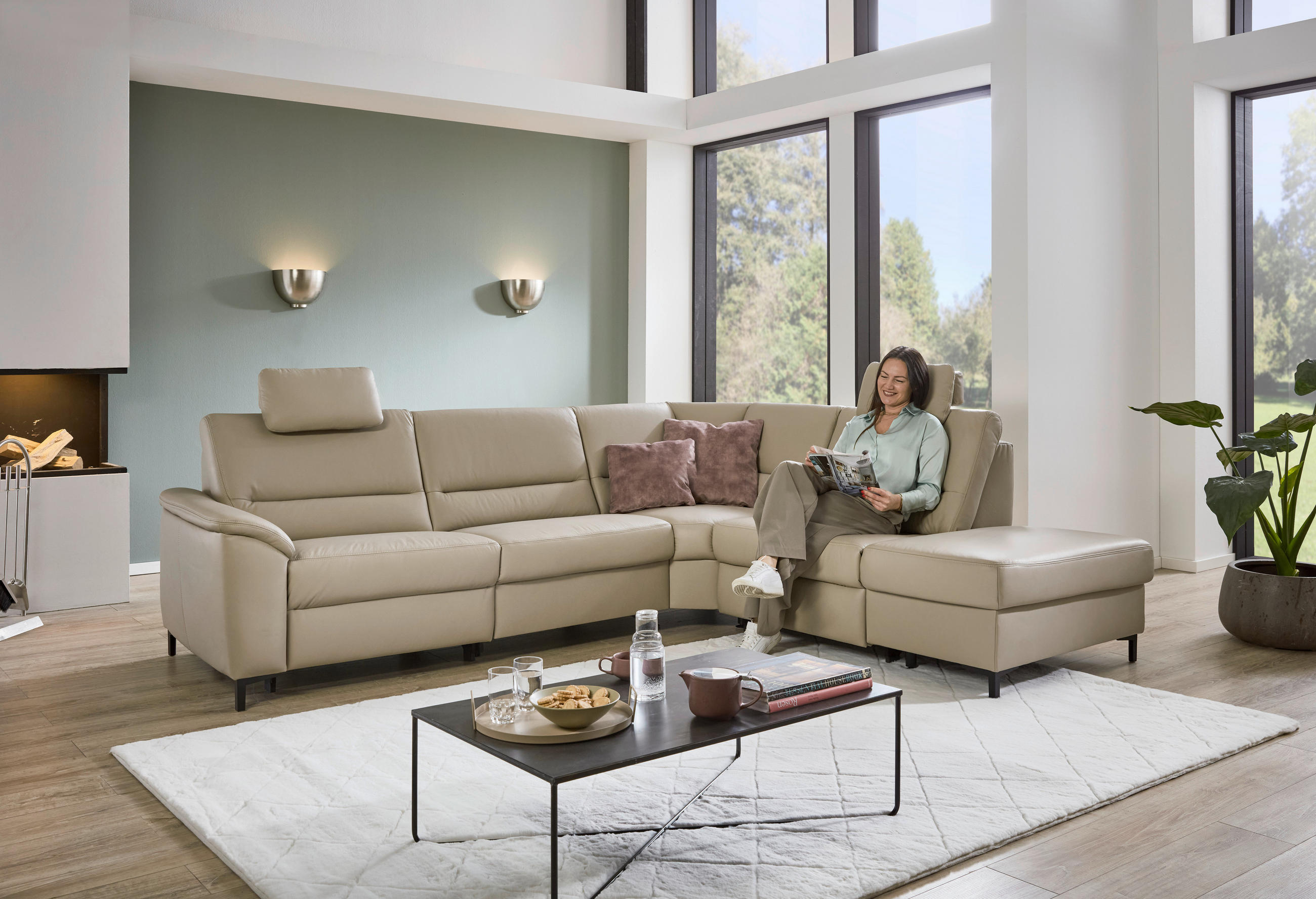 ECKSOFA in Echtleder Perlmutt  - Perlmutt/Schwarz, Konventionell, Leder/Metall (290/249cm) - Beldomo Premium