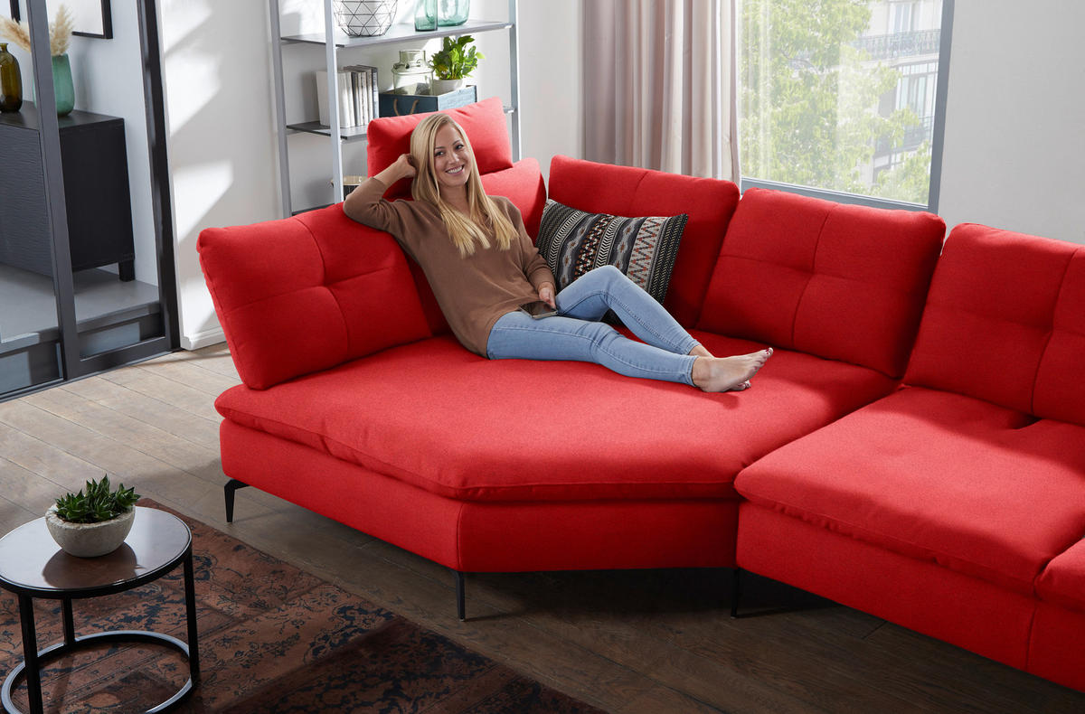 ECKSOFA in Flachgewebe Hellrot  - Hellrot/Schwarz, Design, Textil/Metall (157/344cm) - Chilliano