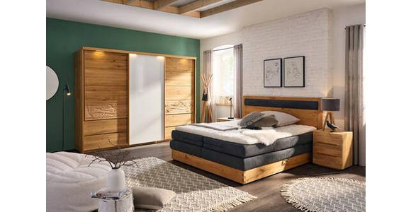 SCHWEBETÜRENSCHRANK in Weiß, Eichefarben - Eichefarben/Weiß, Natur, Glas/Holz (285/216/70cm) - Linea Natura