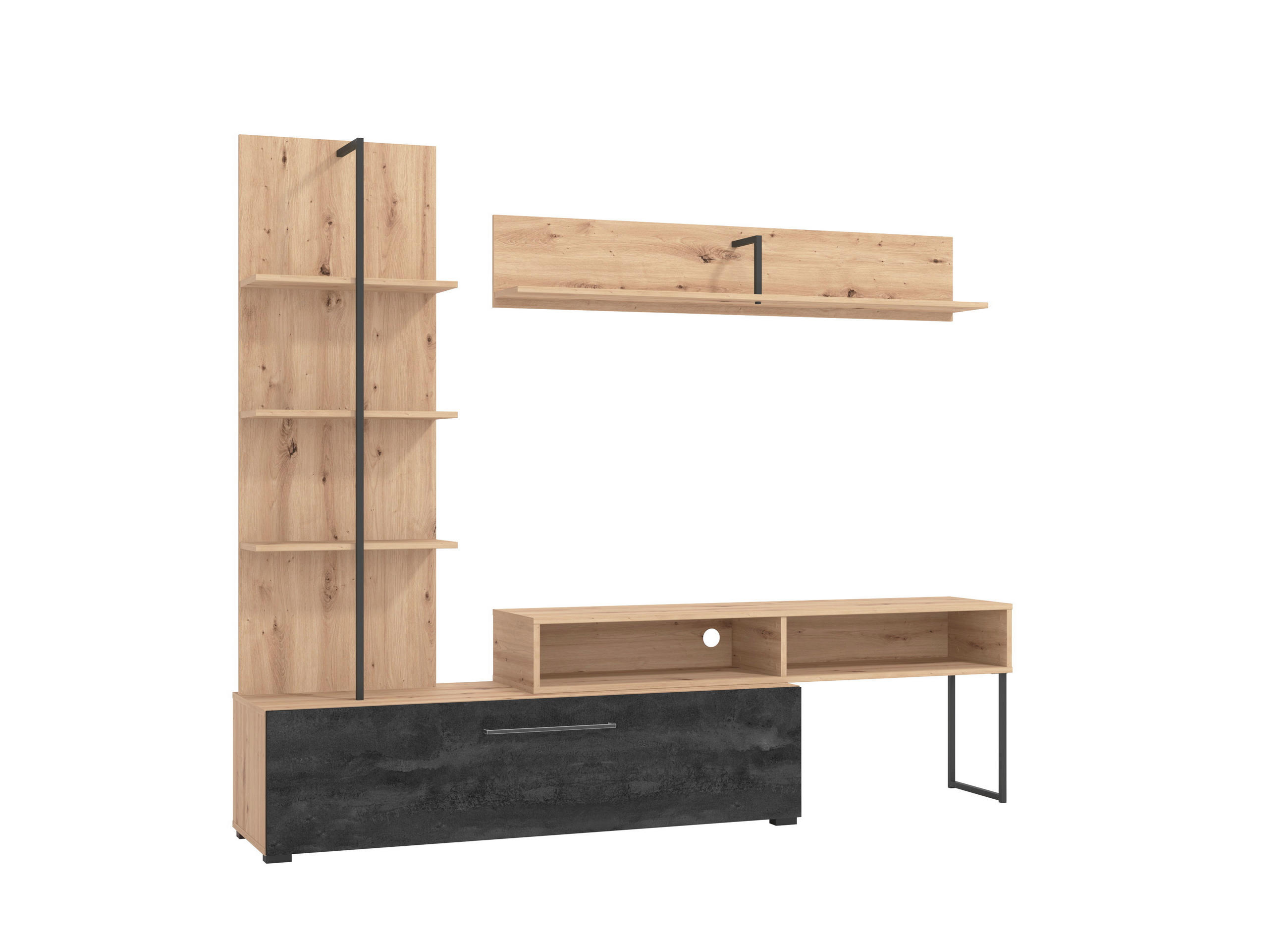Carryhome Wohnwand Schwarz, Eiche Artisan 205.5x173x41.5 cm