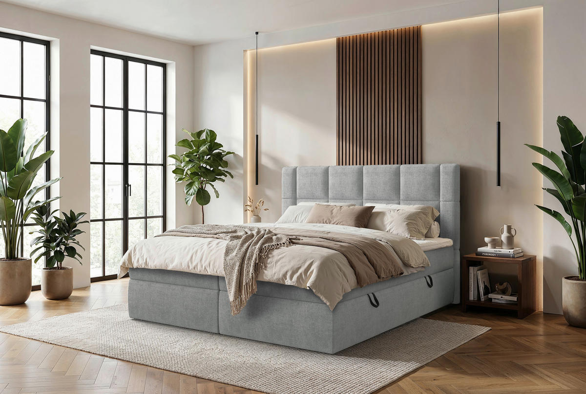 BOXBETT 180/200 cm,  in Hellgrau, gepolstertes Kopfteil, Bettkasten, Topper, Matratzen, H3 = fest  - Hellgrau/Schwarz, MODERN, Holz/Holzwerkstoff (180/200cm) - Boxxx