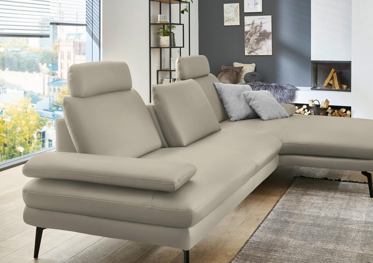 ECKSOFA in Echtleder Ecru  - Ecru/Schwarz, Design, Leder/Metall (310/180cm) - Dieter Knoll