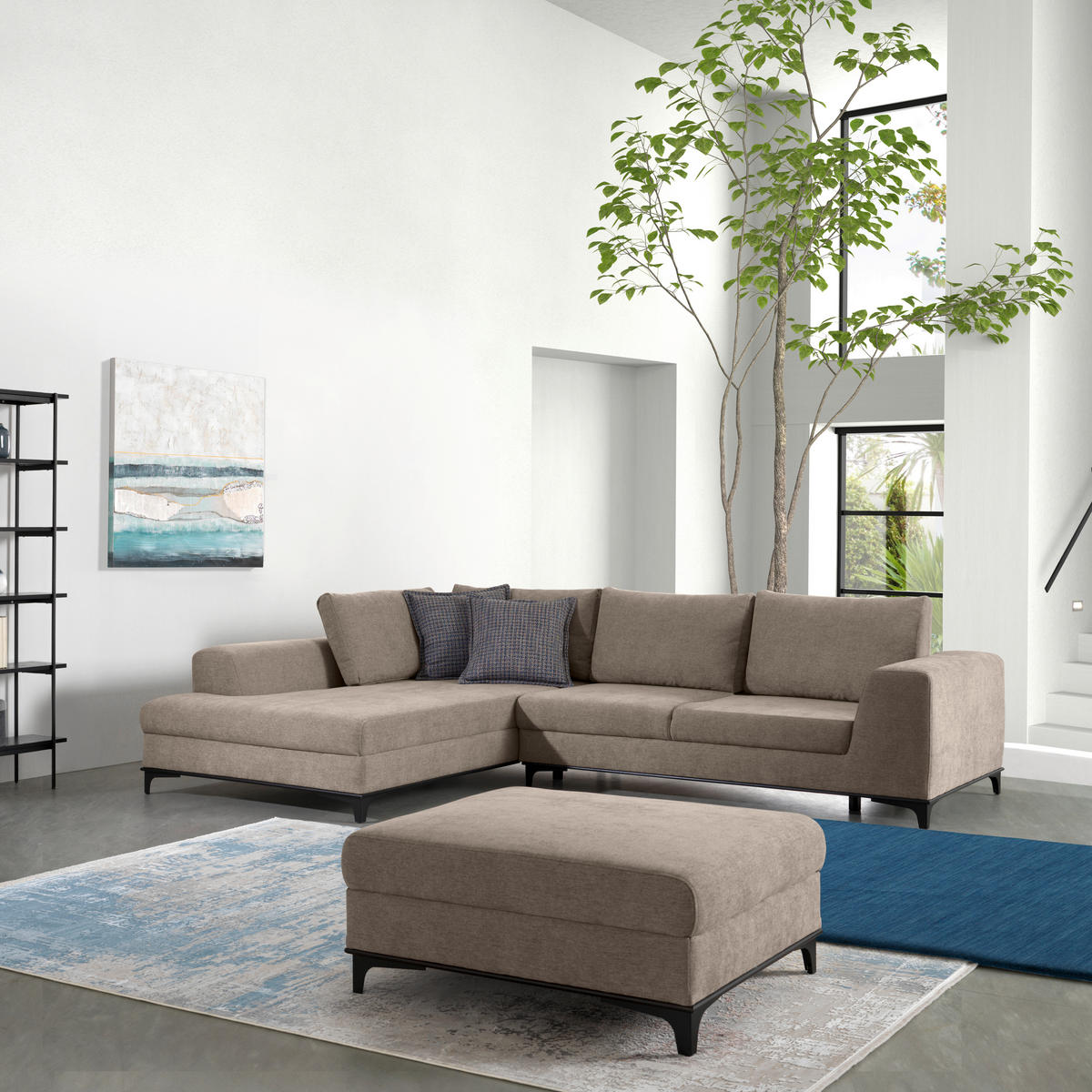 ECKSOFA inkl. Funktionen Greige Webstoff  inkl. Rückenkissen, Bettkasten, Schlaffunktion, Rücken echt  - Wengefarben/Greige, Design, Holz/Textil (211/314cm) - Stylife