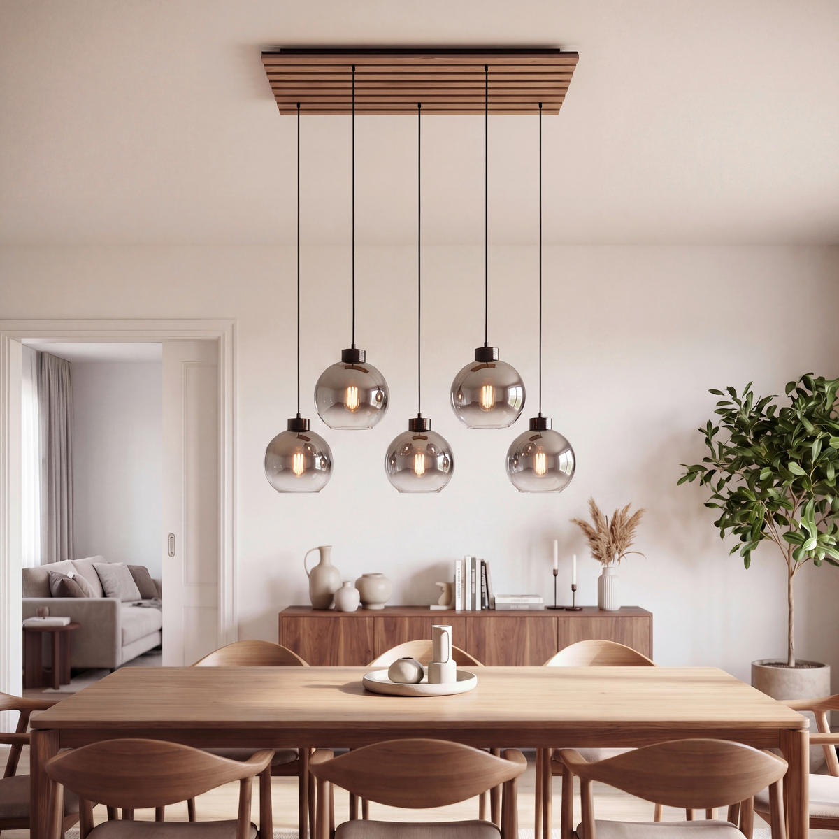 FÜGGŐLÁMPA 82/34/120 cm  - krómszínű/tölgyfa színű, Natur, műanyag/faalapú anyag (82/34/120cm) - Novel