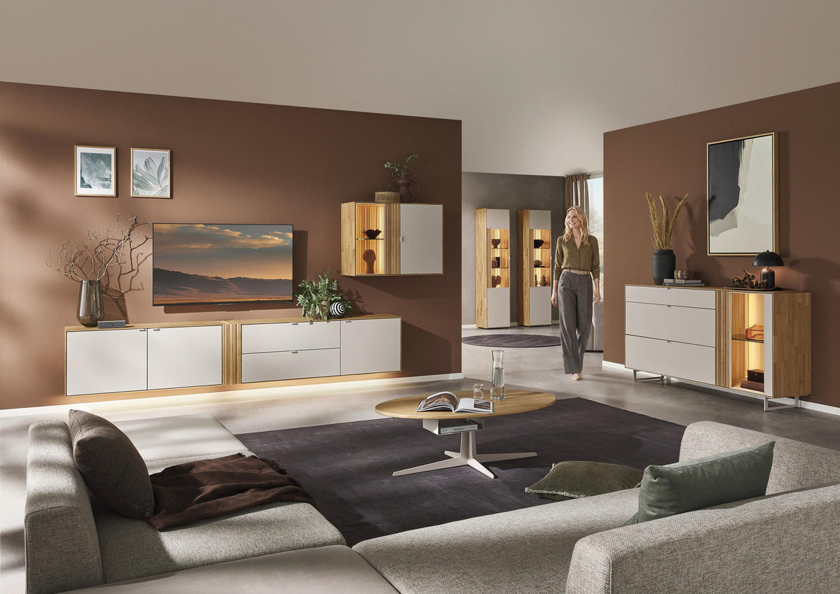 WOHNWAND  in Kaschmir, Wildeiche  333,4/179,3/37,1 cm    - Kaschmir/Wildeiche, Design, Glas/Holz (333,4/179,3/37,1cm) - Dieter Knoll