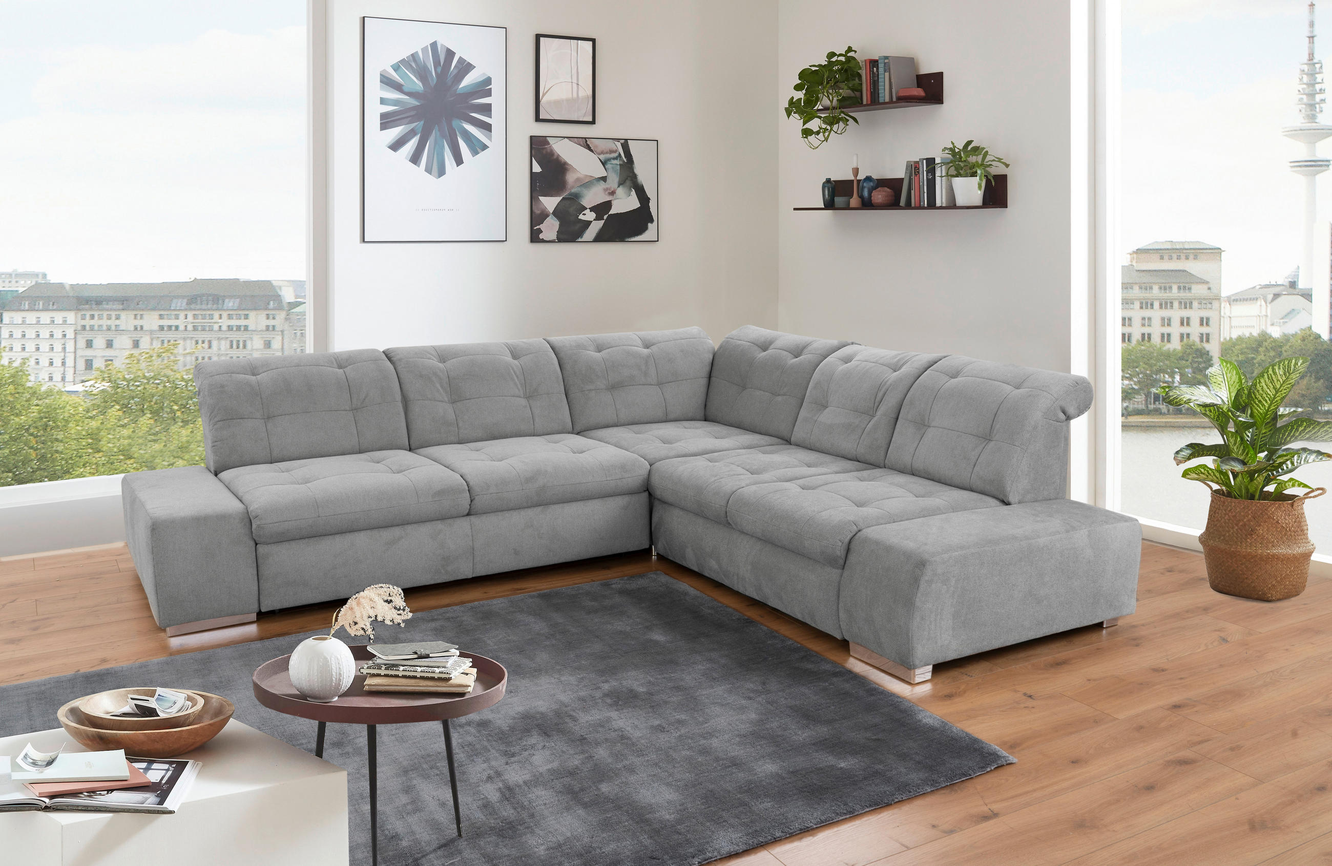 ECKSOFA inkl. Funktion in Flachgewebe Grau  - Chromfarben/Grau, Modern, Kunststoff/Textil (283/254cm) - Sit & More