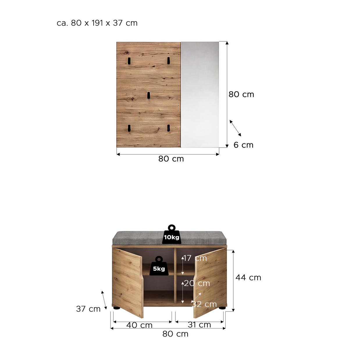 GARDEROBE 2-teilig  in 80/191/37 cm  - Eiche Artisan, Design, Holzwerkstoff (80/191/37cm) - MID.YOU