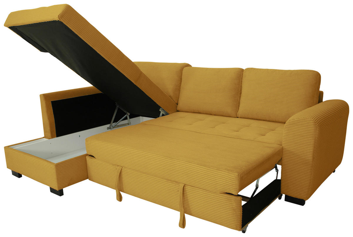 ECKSOFA JOHN Senfgelb Cord Rückenkissen, Bettkasten, Liegefläche im Originalstoff  - Senfgelb/Schwarz, Trend, Kunststoff/Textil (178/239cm) - P & B