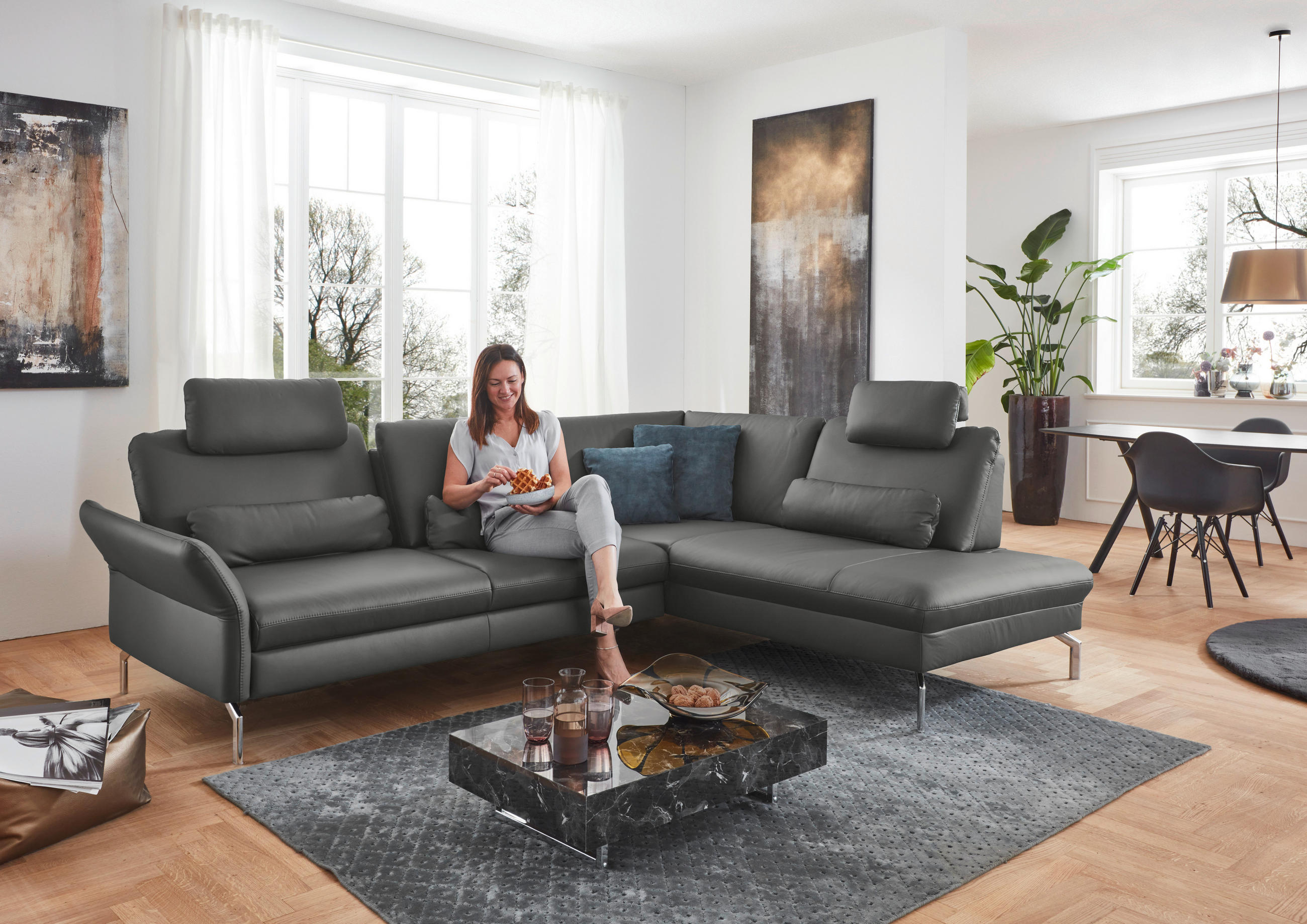 ECKSOFA in Echtleder Anthrazit  284/220 cm  - Anthrazit/Alufarben, KONVENTIONELL, Leder/Metall (284/220cm) - Beldomo Premium