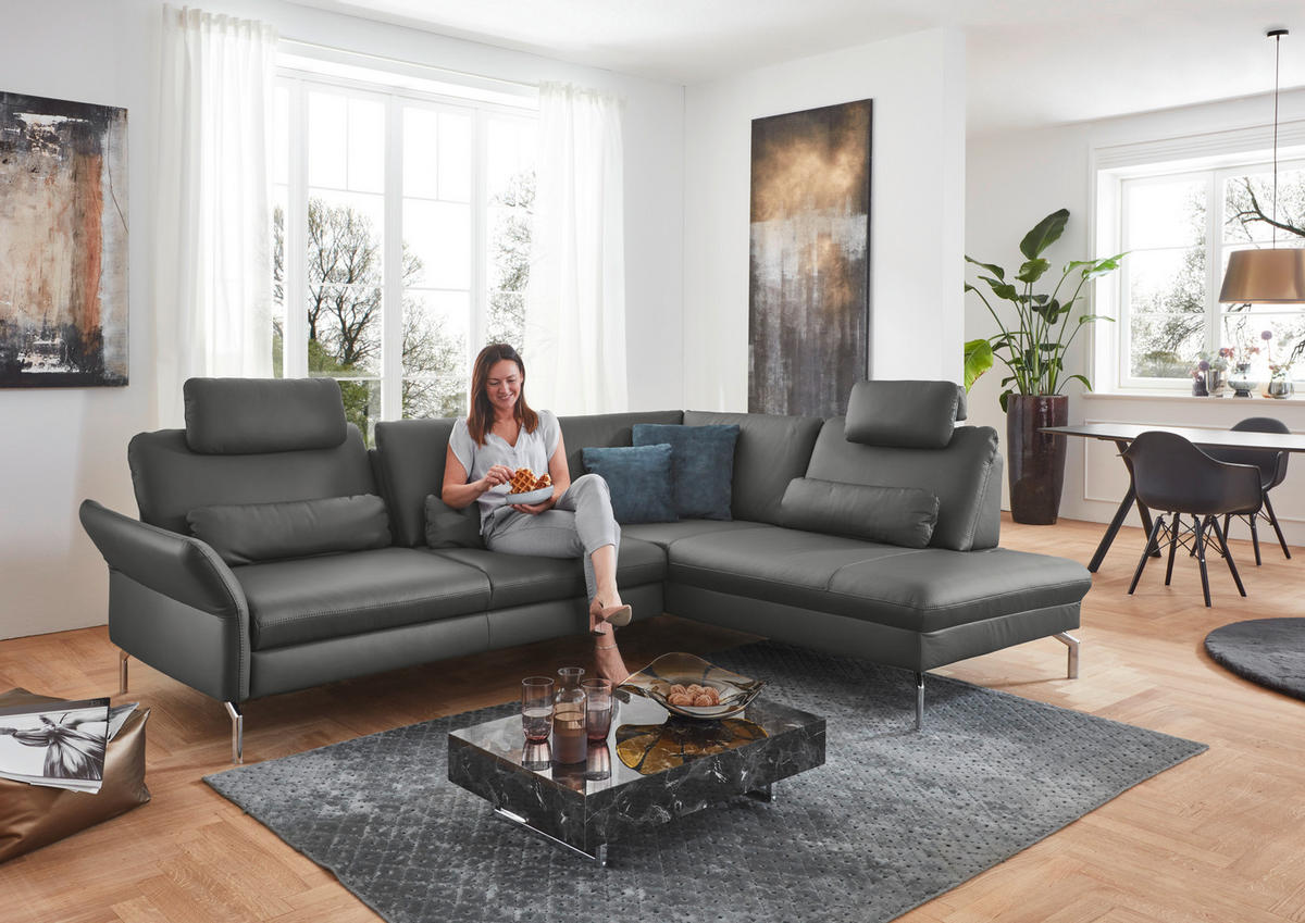 ECKSOFA in Echtleder Anthrazit  284/220 cm  - Anthrazit/Alufarben, KONVENTIONELL, Leder/Metall (284/220cm) - Beldomo Premium