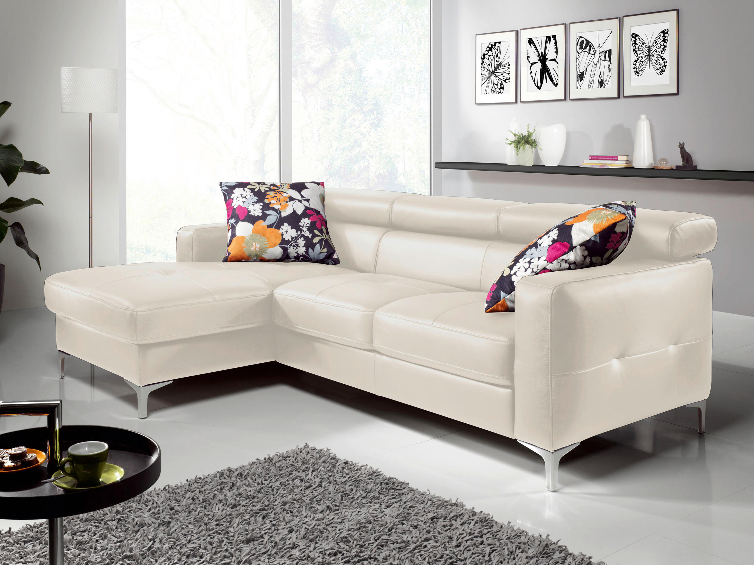 ECKSOFA in Echtleder Hellgrau  168/227 cm  - Chromfarben/Hellgrau, Design, Leder/Metall (168/227cm) - Livetastic