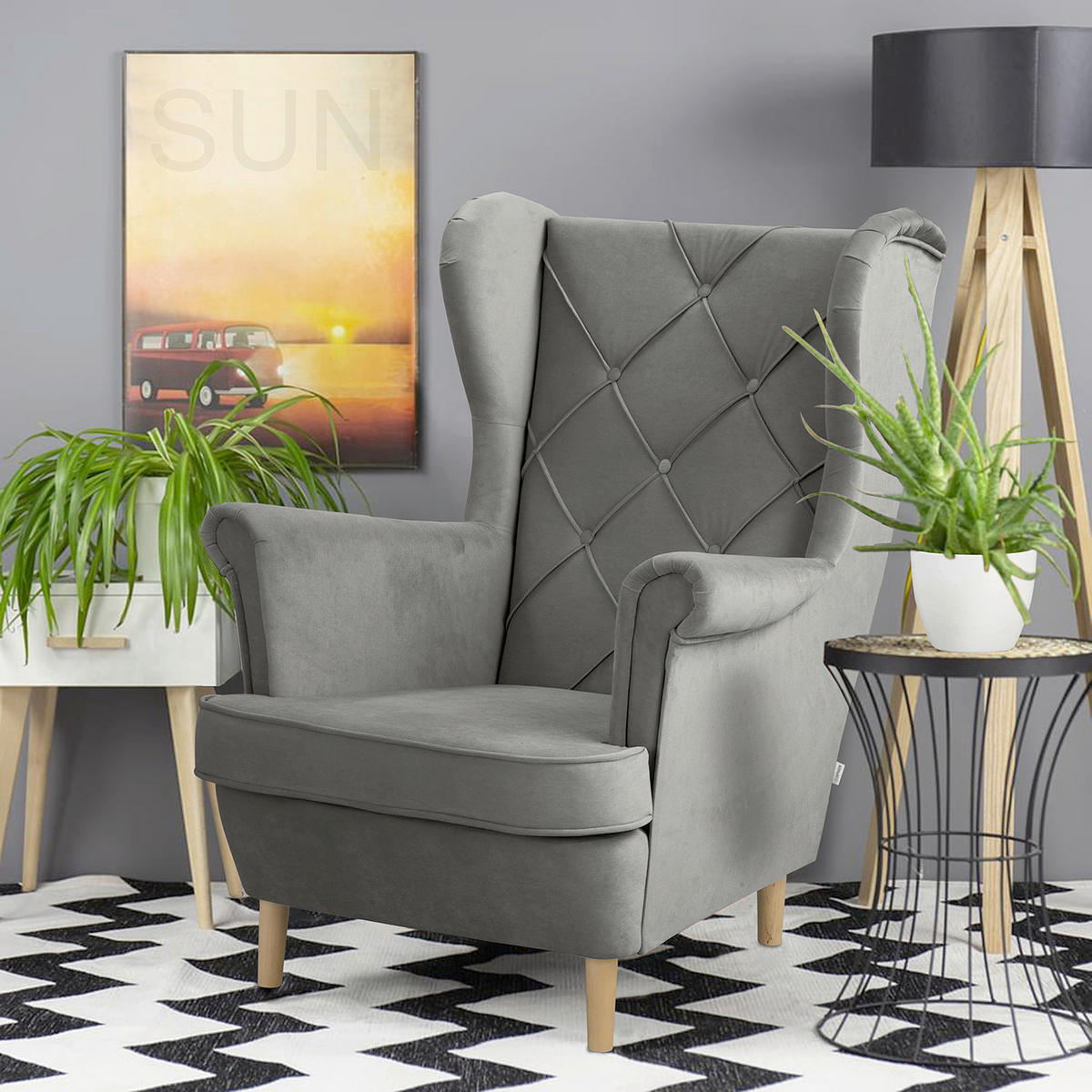 OHRENSESSEL in Samt Dunkelgrau  - Dunkelgrau/Naturfarben, Design, Holz/Textil (84/105/90cm) - P & B