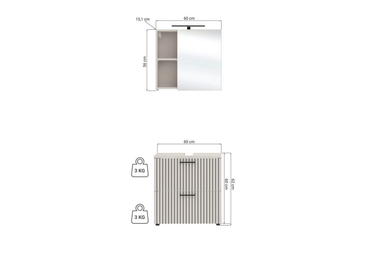 BADEZIMMER  in 60 cm  - Kaschmir/Schwarz, Trend, Glas/Holzwerkstoff (60cm) - Respekta