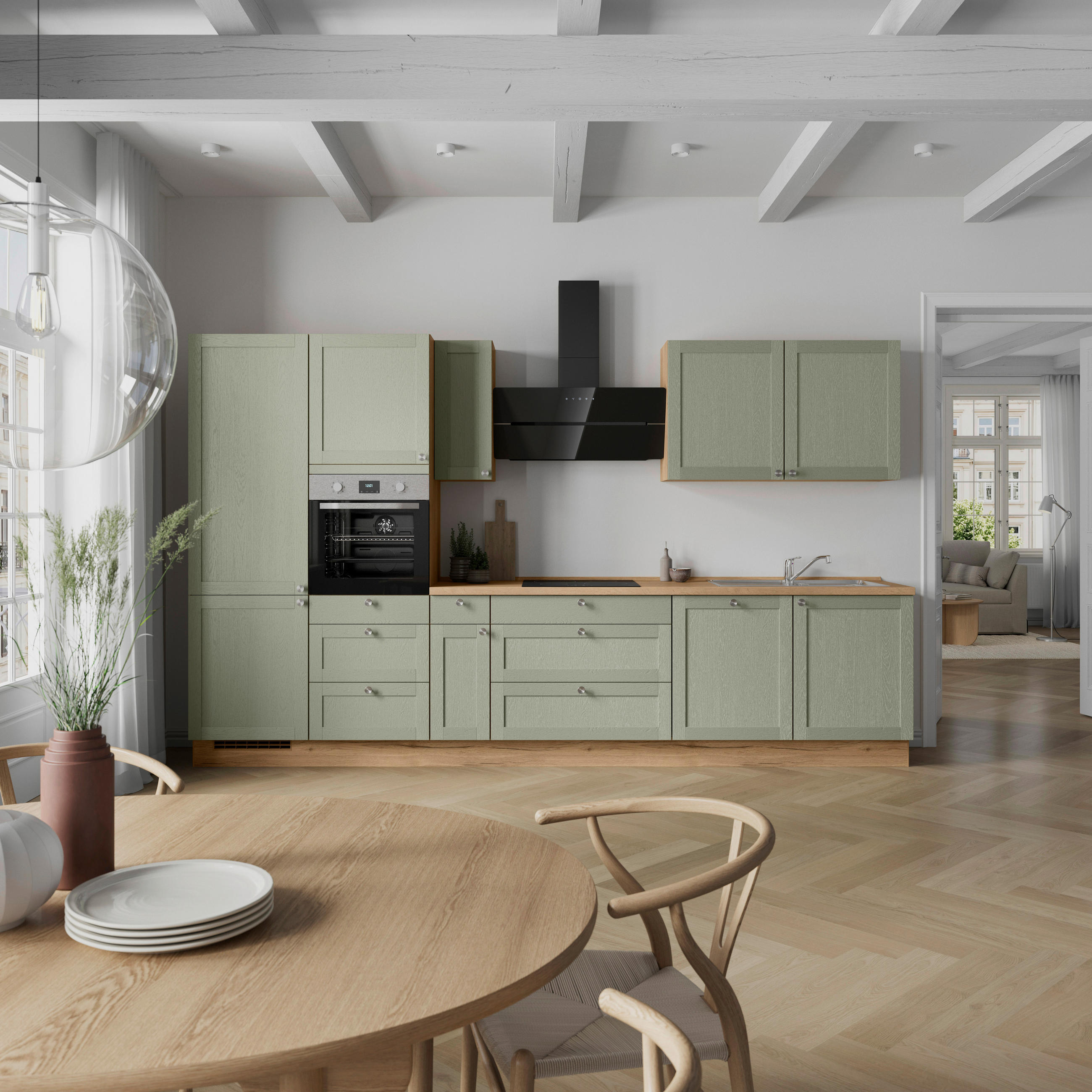 KÜCHENBLOCK Frame 360 cm  in Eichefarben, Olivgrün  - Edelstahlfarben/Eichefarben, MODERN, Holzwerkstoff/Metall (360cm) - Nobilia