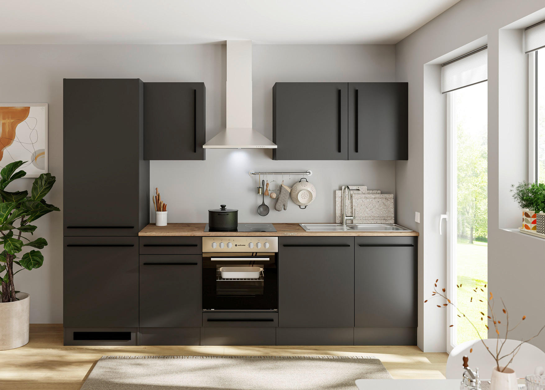 KÜCHENBLOCK 280 cm  in Schwarz  - Eichefarben/Anthrazit, LIFESTYLE, Holzwerkstoff/Kunststoff (280cm) - P & B