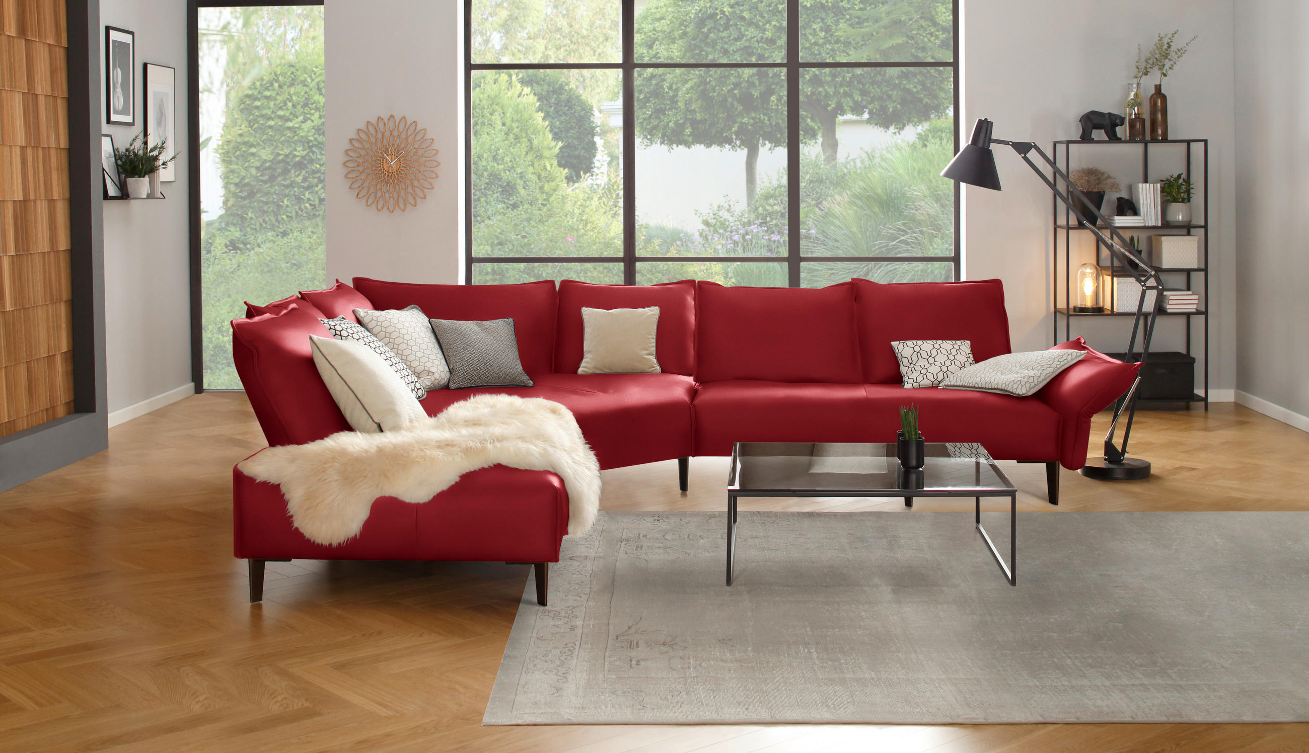 ECKSOFA in Echtleder Rot  - Rot/Schwarz, Design, Leder/Metall (272/340cm) - W.Schillig
