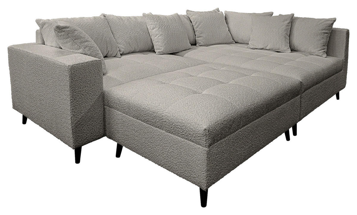 Ecksofa inkl. Hocker in Bouclé Dunkelgrau  - Dunkelgrau/Schwarz, Design, Holz/Textil (247/174cm) - MID.YOU