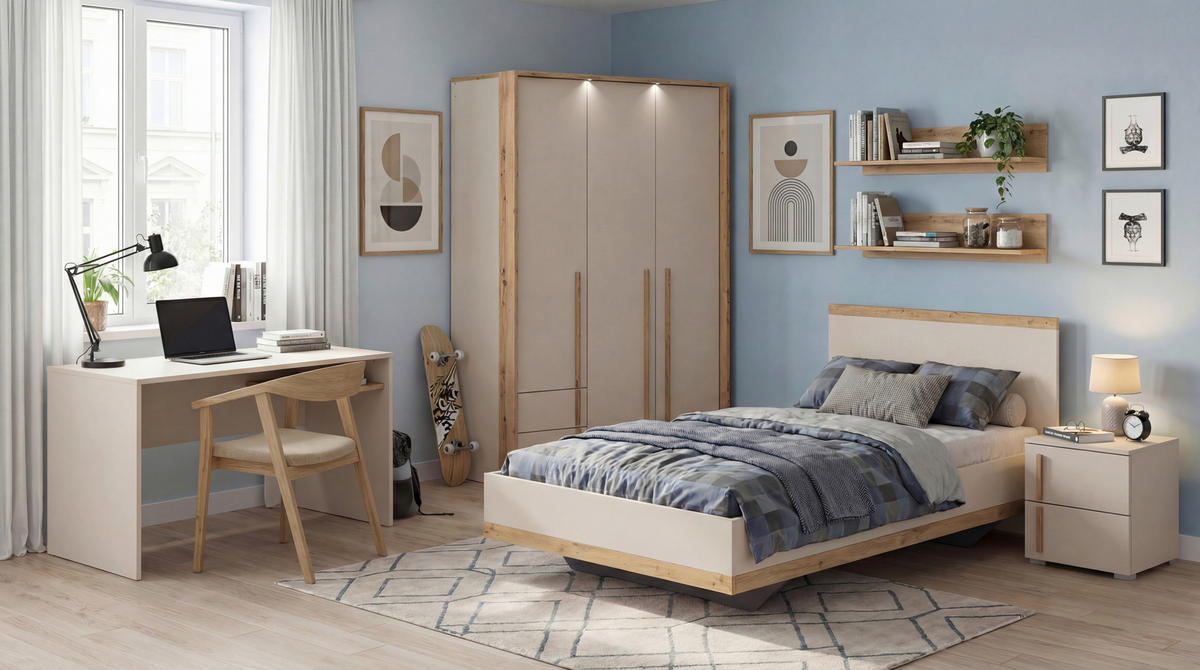 JUGENDZIMMER Champagner, Eiche Artisan  - Champagner/Eiche Artisan, Design, Holzwerkstoff (120/200cm) - Stylife