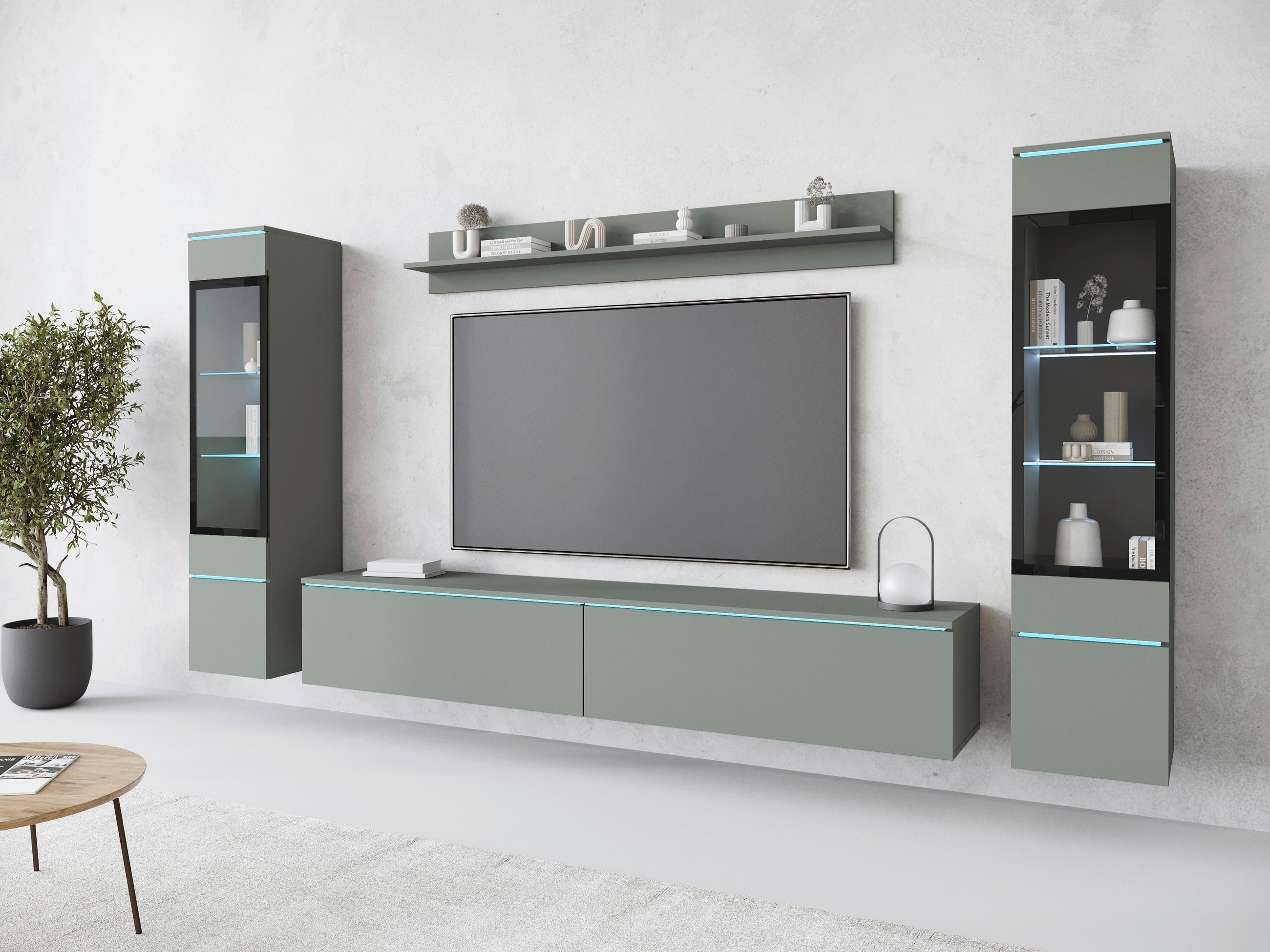 WOHNWAND 4-teilig  in Grün  - Grau/Grün, Trend, Glas/Holzwerkstoff (240/130/33cm)