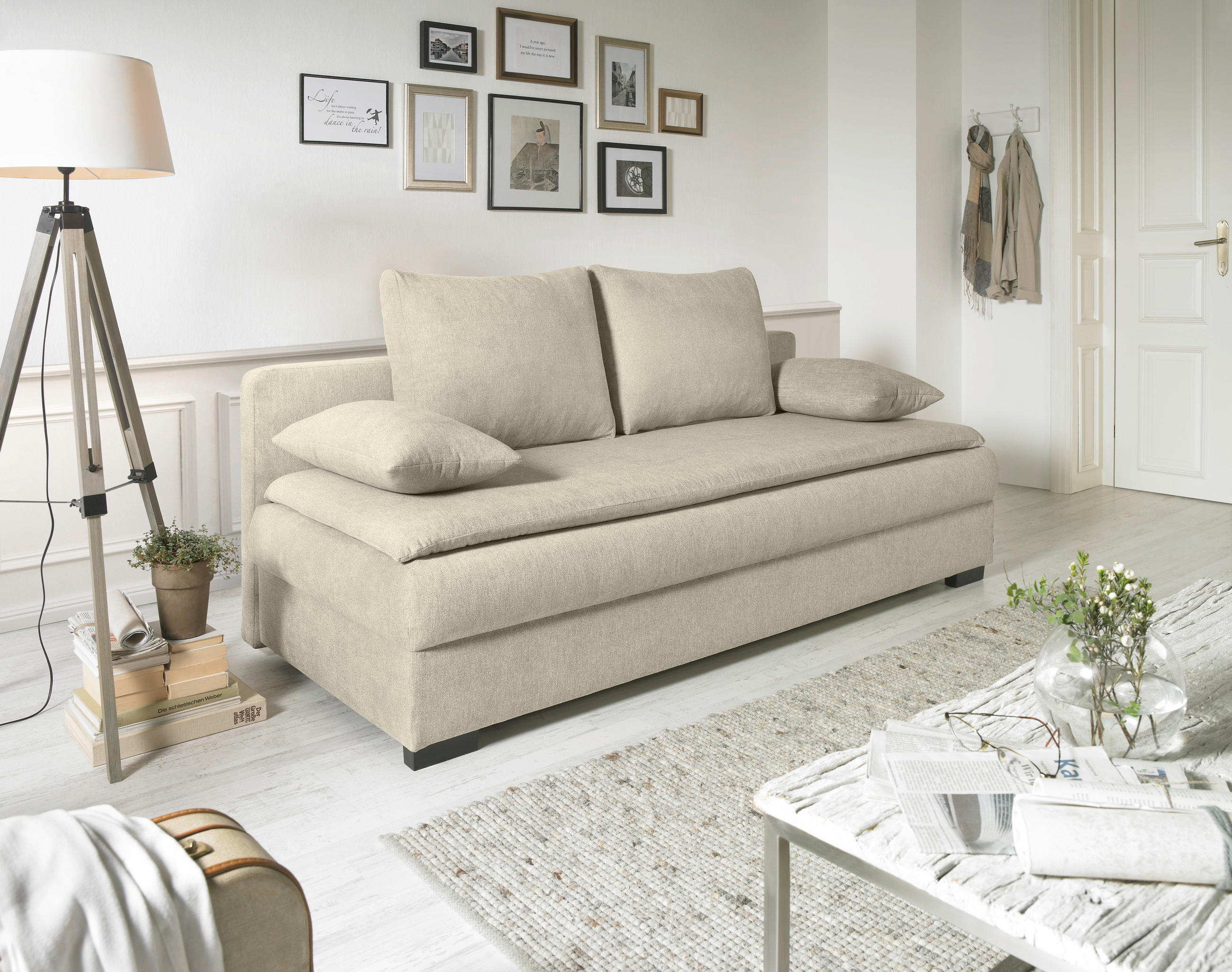 SCHLAFSOFA Samt Beige  - Beige/Schwarz, KONVENTIONELL, Kunststoff/Textil (207/74-94/90cm) - Carryhome