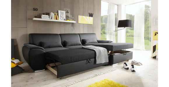 WOHNLANDSCHAFT Lederlook Bettkasten, Nierenkissen, Rücken echt, Schlaffunktion Anthrazit, Schwarz - Chromfarben/Anthrazit, Design, Textil/Metall (277/84/173cm) - Cantus