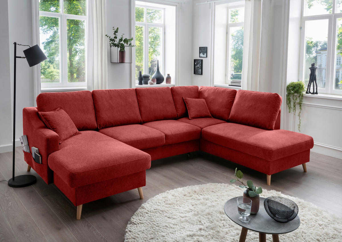 WOHNLANDSCHAFT Chenille Rot  - Rot/Naturfarben, Konventionell, Holz/Textil (150/301/200cm) - Livetastic