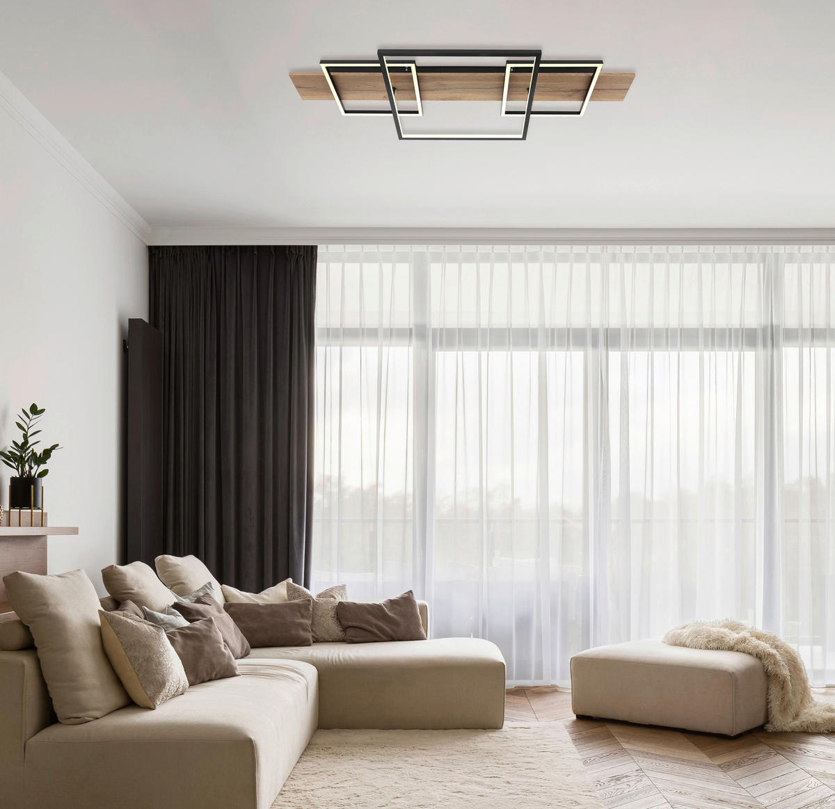 STROPNÍ LED SVÍTIDLO, 95/40/10 cm - bílá/tmavě hnědá, Natur, kov/kompozitní dřevo (95/40/10cm) - Globo