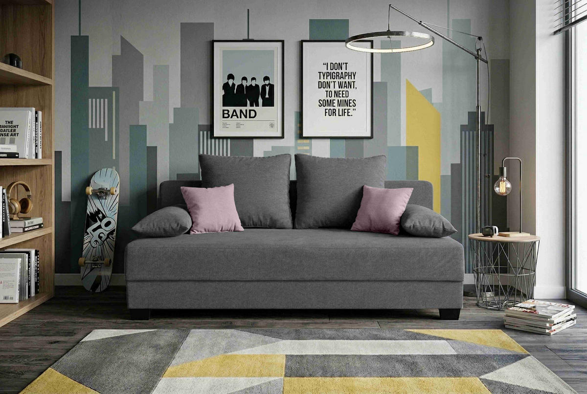 SCHLAFSOFA Webstoff Grau  inkl. Zierkissen, Rückenkissen, Armlehnenkissen, Schlaffunktion, Rücken echt, Stauraum  - Schwarz/Rosa, Design, Kunststoff/Textil (200/90/110cm) - P & B