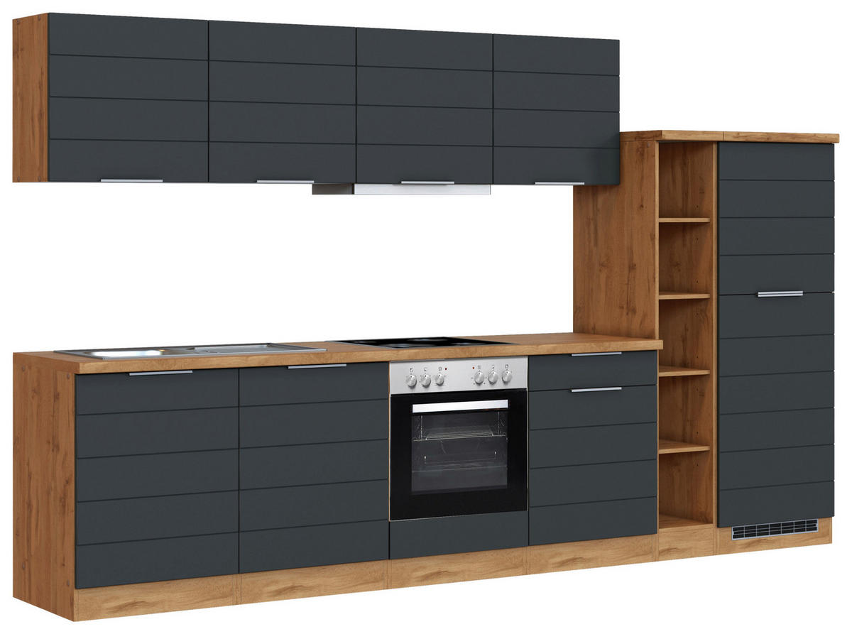 KÜCHENBLOCK 330 cm   in Grau, Eiche Wotan  - Eiche Wotan/Grau, Design, Holzwerkstoff/Metall (330cm) - Held