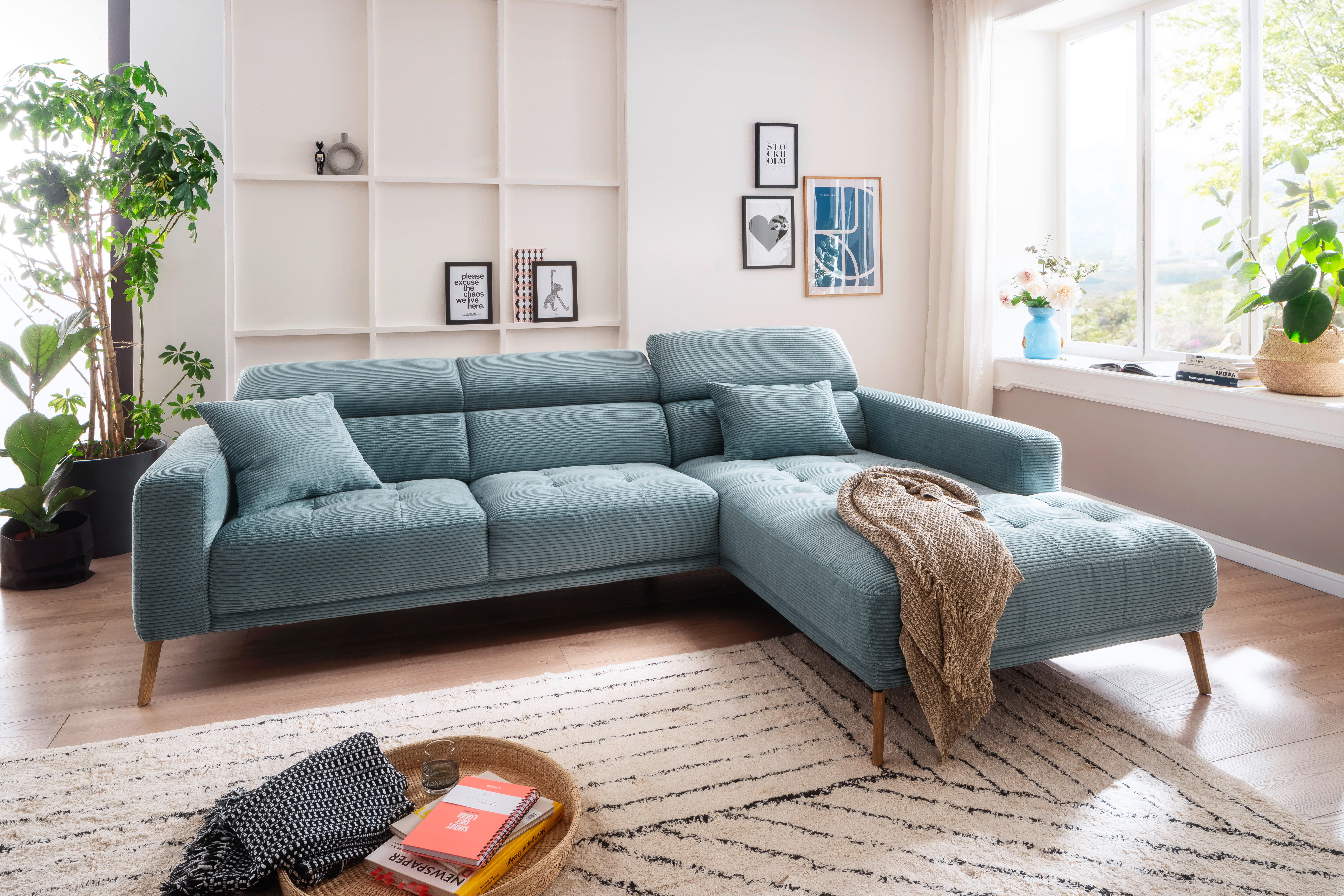 ECKSOFA Blau Kord  - Blau/Eichefarben, Design, Holz/Textil (292/203cm) - Pure Home Lifestyle