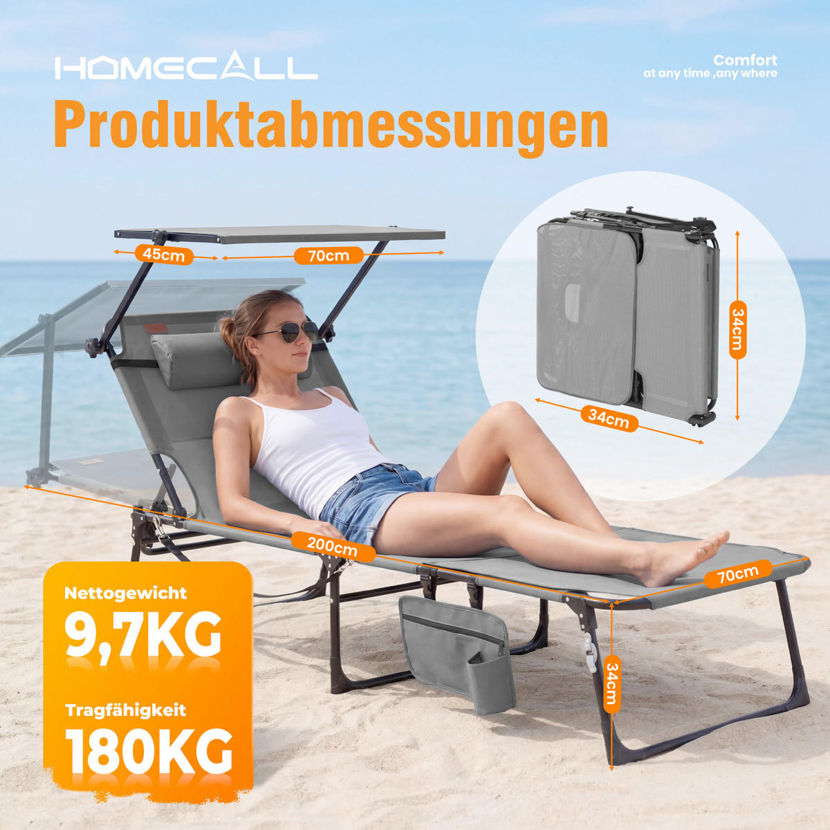 SONNENLIEGE 200/34/70 cm  - Dunkelgrau/Grau, Basics, Textil/Metall (200/34/70cm) - Modante
