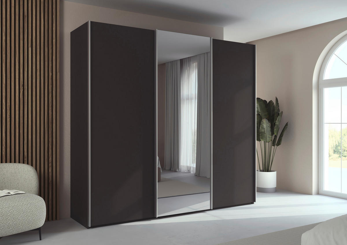 SCHWEBETÜRENSCHRANK 242/223/69 cm,  in Graphitfarben, Alufarben, 3 Tür(en)  - Alufarben/Graphitfarben, Basics, Glas/Holzwerkstoff (242/223/69cm) - Rauch Möbel