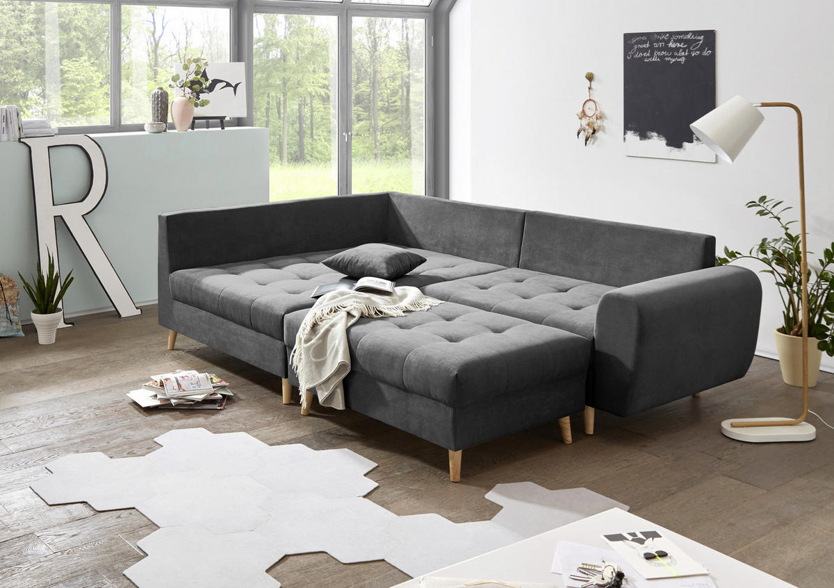 ECKSOFA in Mikrovelours Anthrazit  - Anthrazit/Kieferfarben, Konventionell, Holz/Holzwerkstoff (175/249cm) - MID.YOU