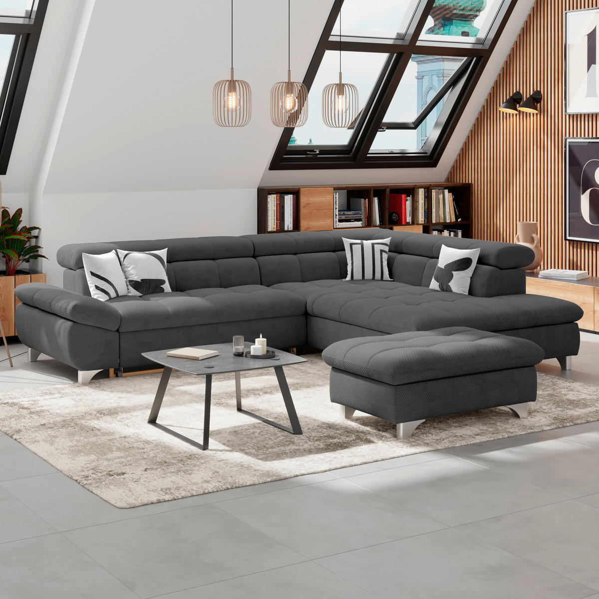 ECKSOFA Anthrazit Chenille  - Chromfarben/Anthrazit, KONVENTIONELL, Textil/Metall (312/234cm) - Livetastic