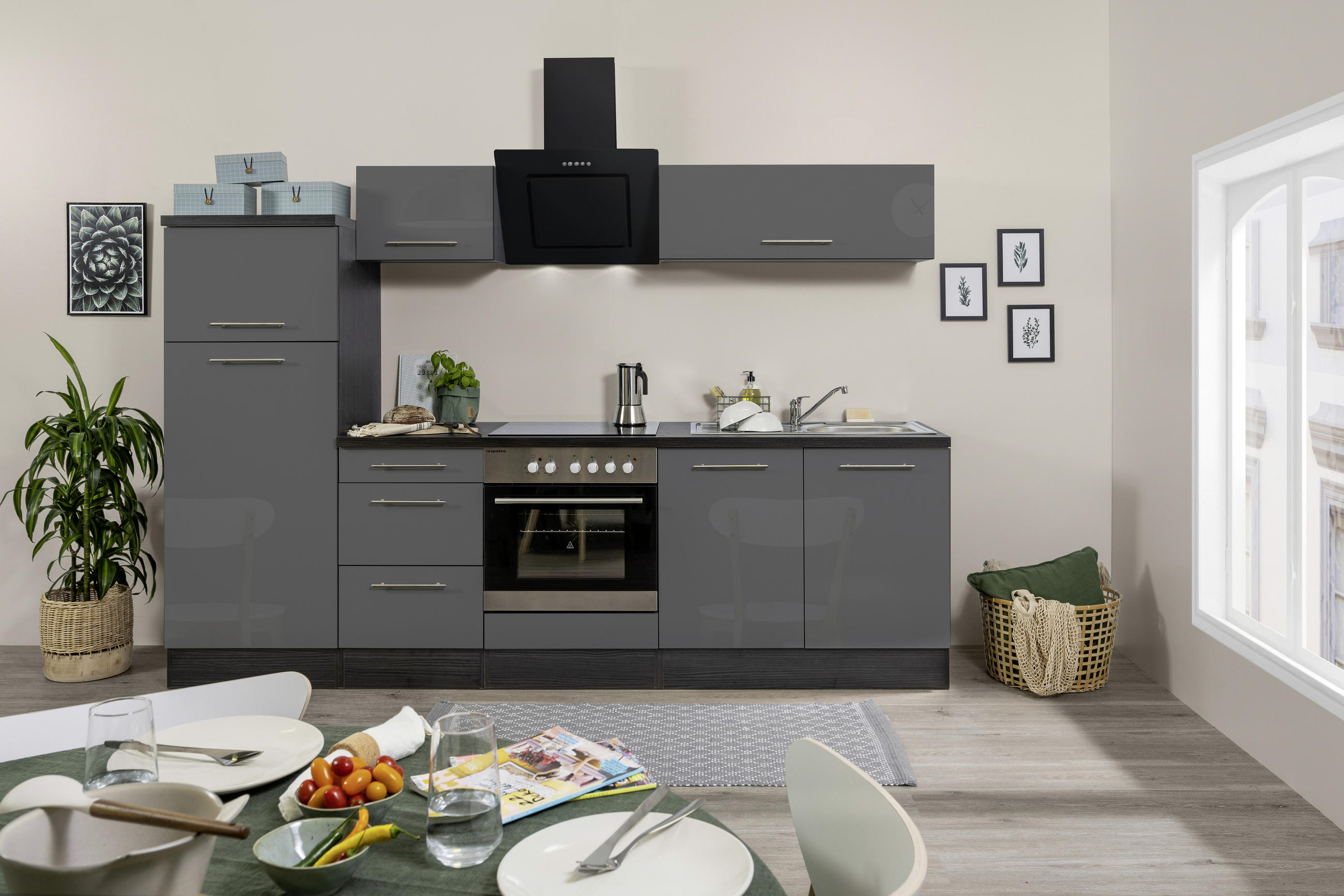 KÜCHENBLOCK Grau, Eichefarben E-Geräte, Spüle, Soft-Close-System, Kühlgefrierkombination, Dunstabzug, Ab- und Überlaufgarnitur - Eichefarben/Grau, KONVENTIONELL (270cm) - Respekta