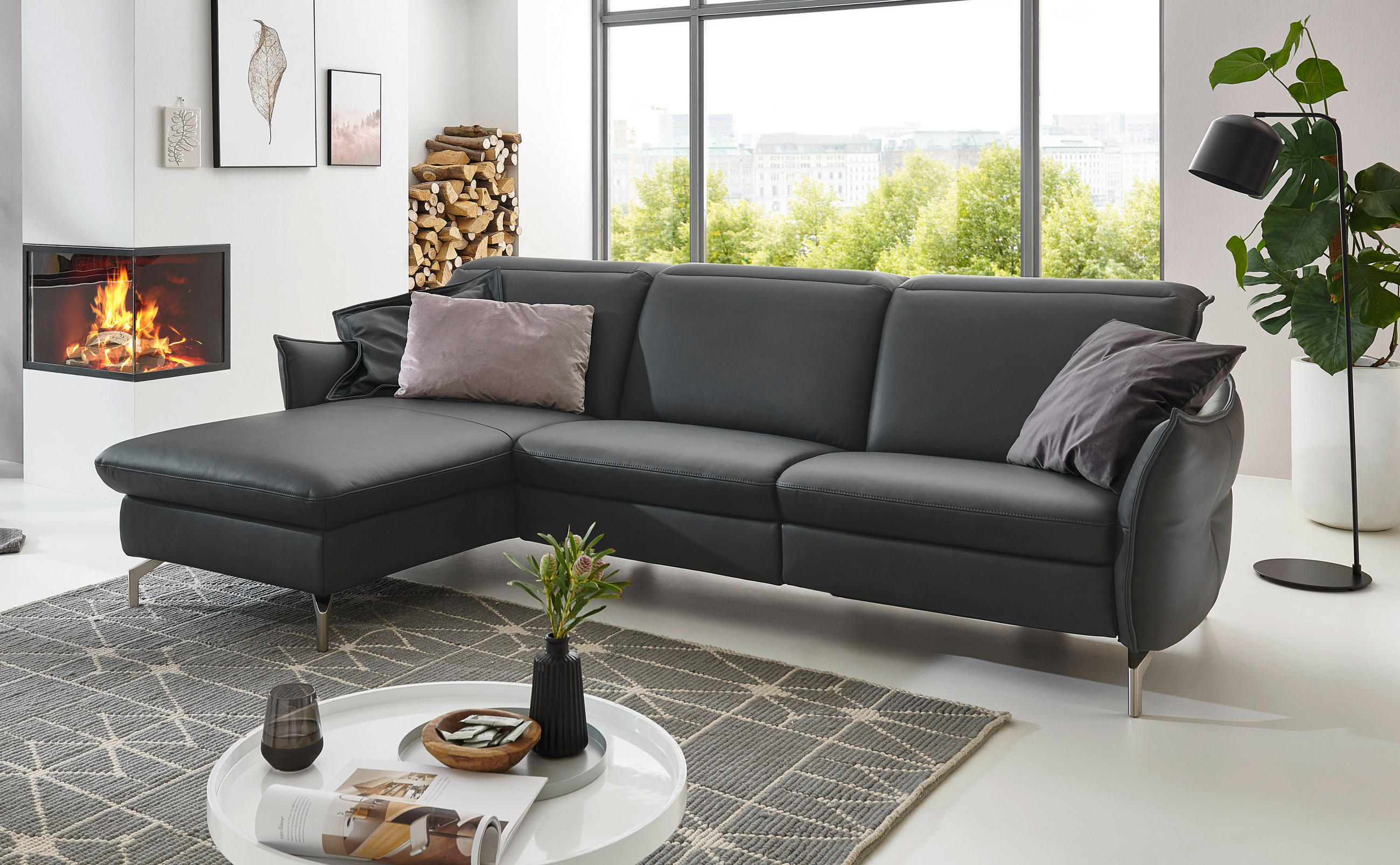 ECKSOFA Schwarz Lederlook (vegan)  - Schwarz/Nickelfarben, MODERN, Textil/Metall (179/233cm) - Livetastic