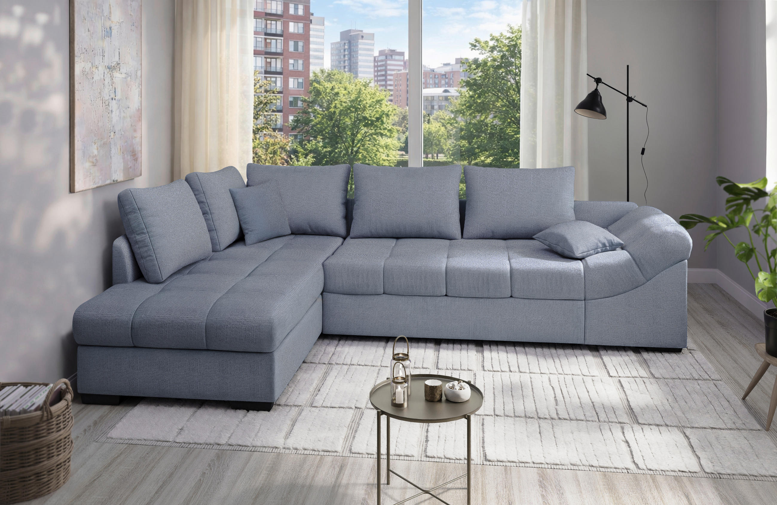 ECKSCHLAFSOFA Alvito in Chenille Hellblau  - Schwarz/Hellblau, MODERN, Holz/Textil (202/298cm) - MID.YOU