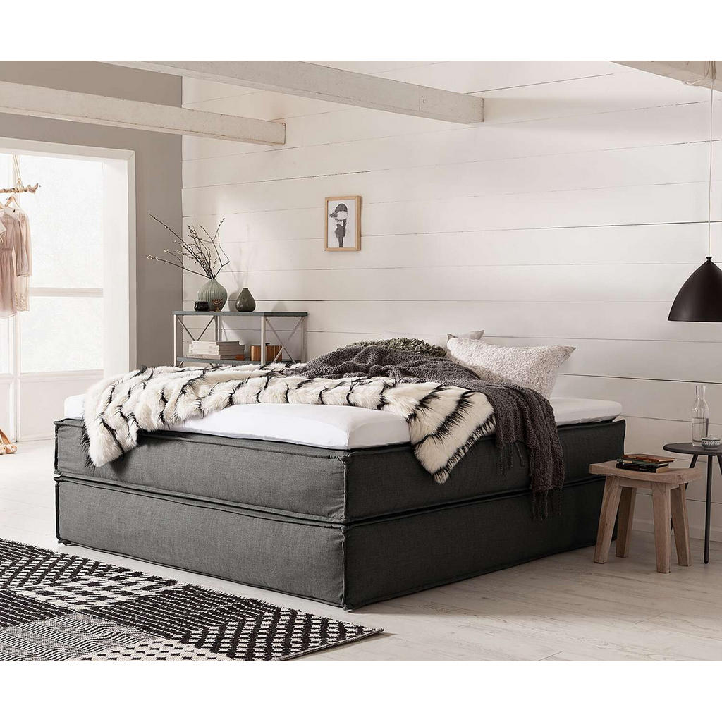 Thumbnail - home24 Boxspringbett, Anthrazit, Textil, H2 + H3, 7-Zonen, Höhe ca. 24 cm, 140x200 cm, Topper durchgehend, Partnermatrat...