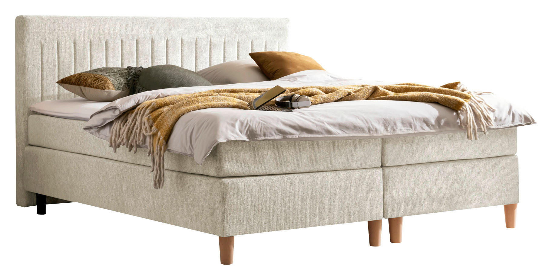 BOXSPRINGBETT 180/200 cm,  in Beige, Matratze, Topper, H2 + H2 = mittel  - Beige/Buchefarben, Basics, Holz/Textil (180/200cm) - Boxxx