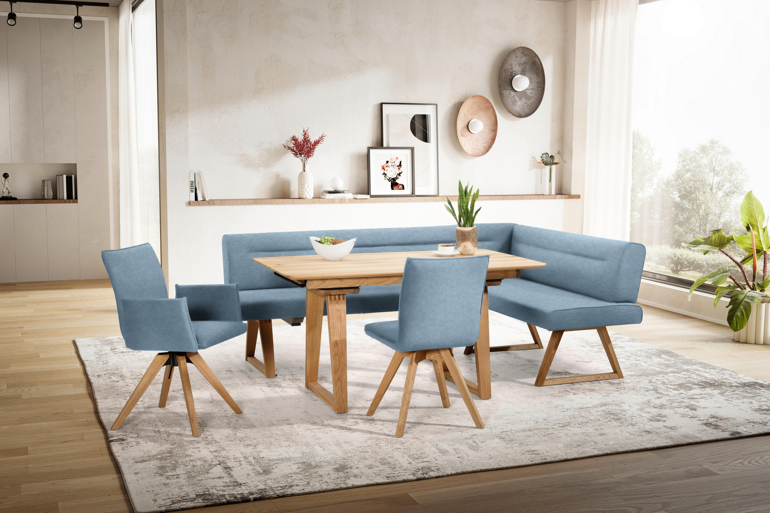 ECKBANK in Holz, Textil Eichefarben, Hellblau  - Eichefarben/Hellblau, Konventionell, Holz/Textil (230/170cm) - Moderano