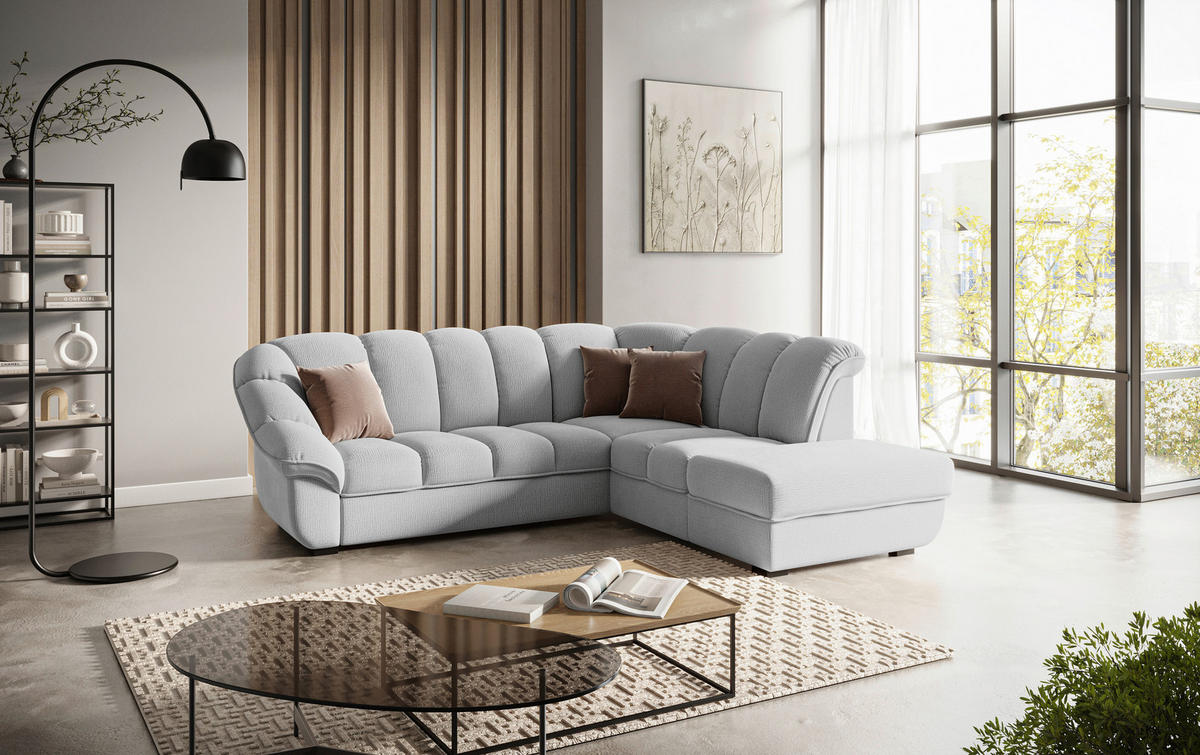 ECKSOFA Hellgrau Chenille Bettkasten, Schlaffunktion, Rücken echt  - Hellgrau/Schwarz, KONVENTIONELL, Kunststoff/Textil (260/222cm) - Welnova